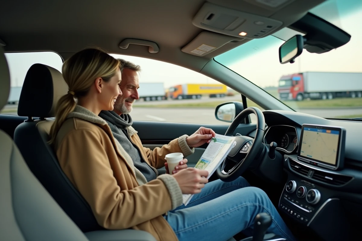 Couple en voiture préparant un itinéraire avec le guide MICHELIN lors d'un road trip en Europe