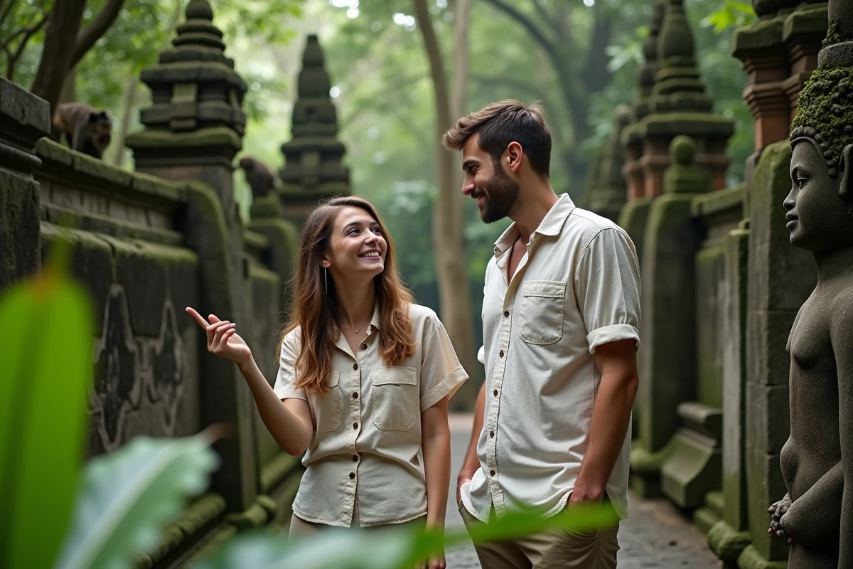 Jeune couple dans la jungle de Bali avec un macaque