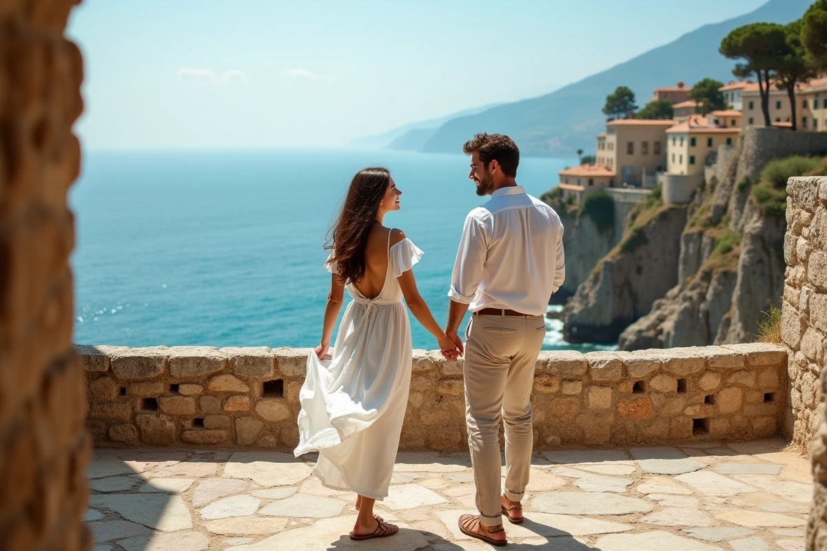 Jeune couple en Sicile avec vue sur la mer méditerranee