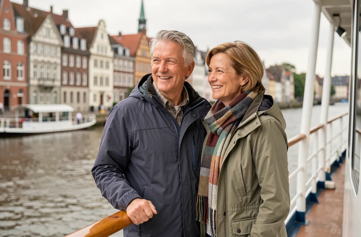 Couple de voyageurs sur le pont d'un bateau de croisière fluviale admirant les rives du Rhin