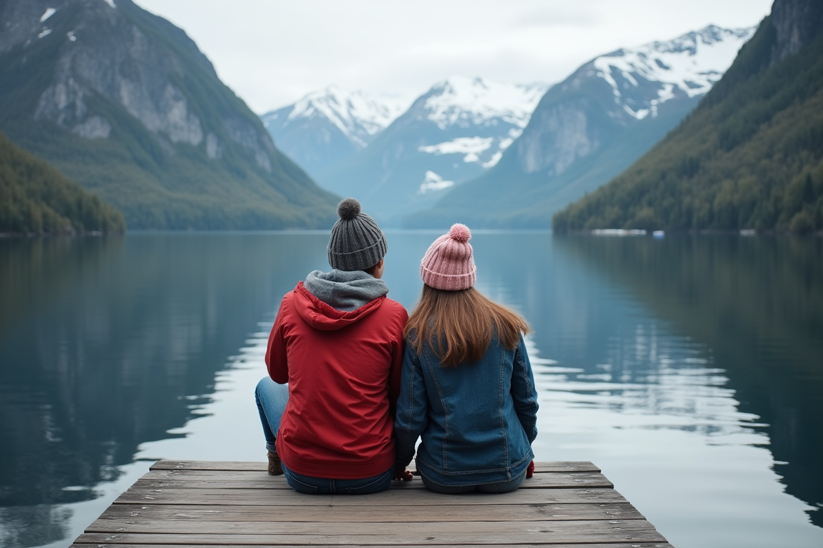 Jeune couple assis sur un ponton au bord du fjord