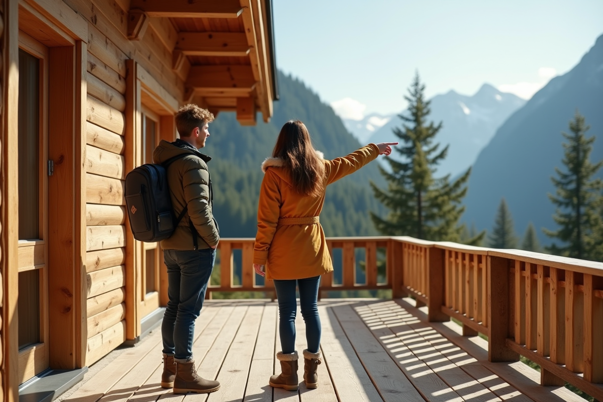 Jeune couple admirant une maison en bois dans un paysage alpin