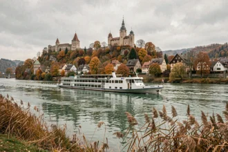 Bateau de croisière sur le Rhin longeant un village médiéval allemand avec châteaux sur les collines en automne