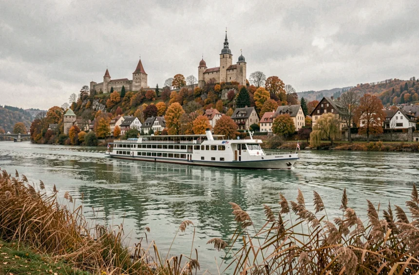 Bateau de croisière sur le Rhin longeant un village médiéval allemand avec châteaux sur les collines en automne