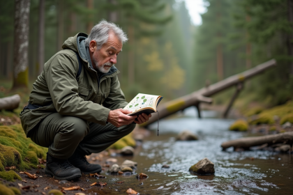Homme d'âge moyen examinant des plantes sauvages dans la forêt