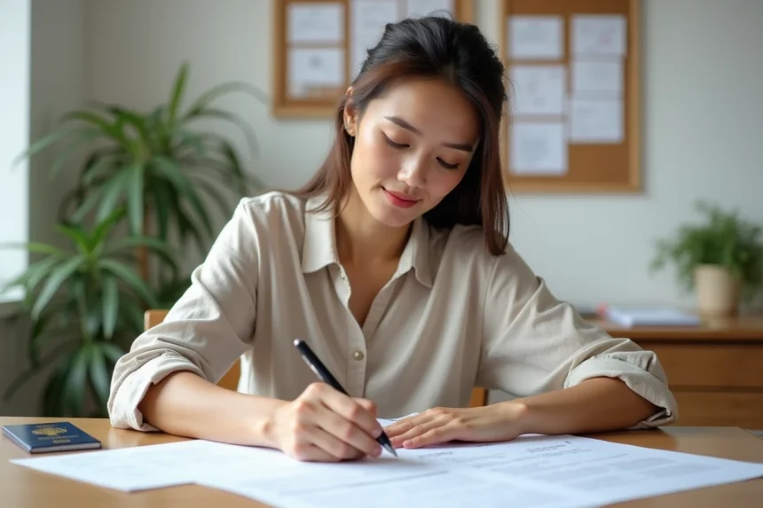 Femme remplissant des formulaires officiels pour obtenir un billet gratuit en Thaïlande, entourée de documents de voyage sur un bureau en bois