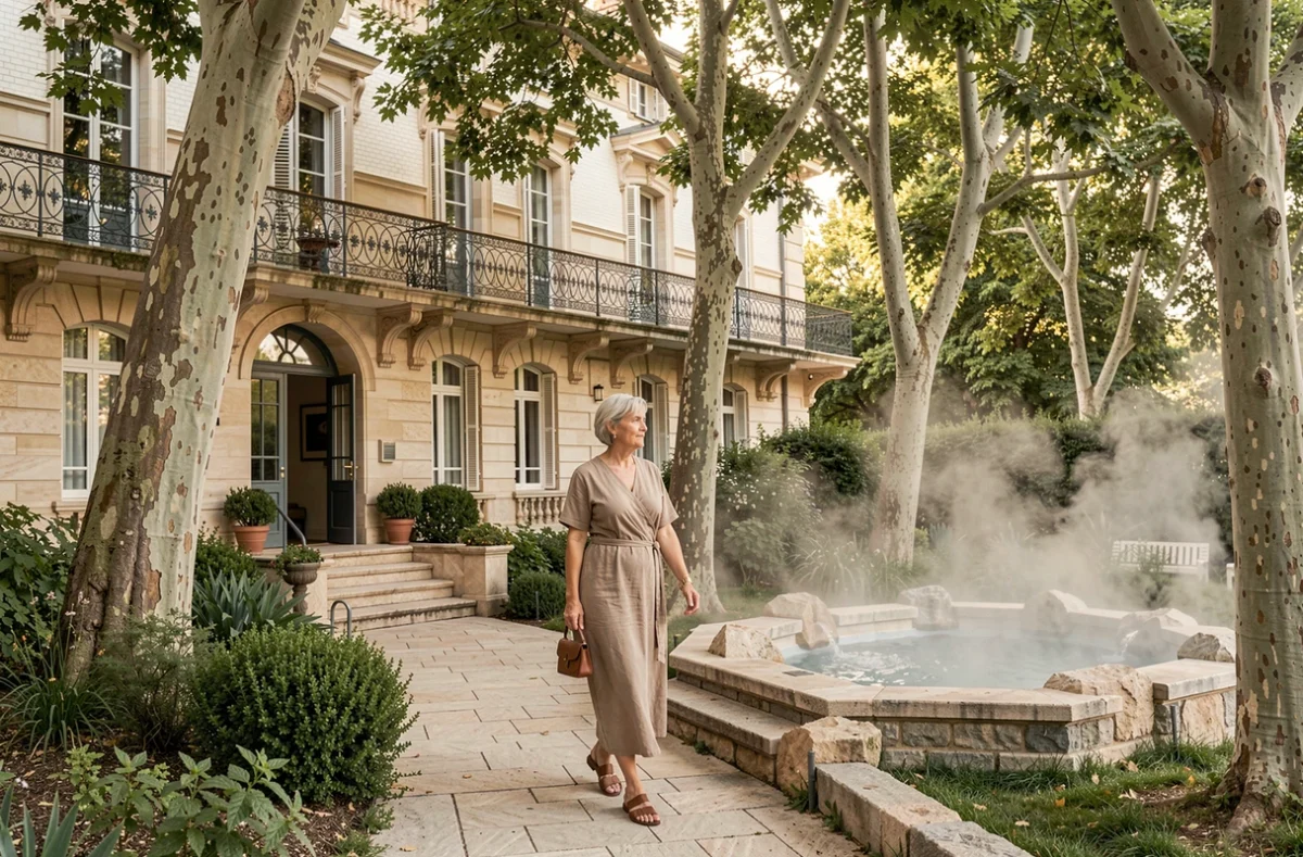 Bâtiment thermal Belle Époque et jardins du Domaine des Bains à Vals-les-Bains avec bassin d'eau minérale