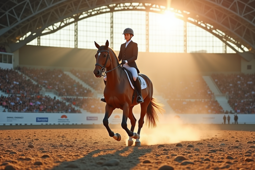 Cavalier et cheval en dressage dans une arène moderne lumineuse