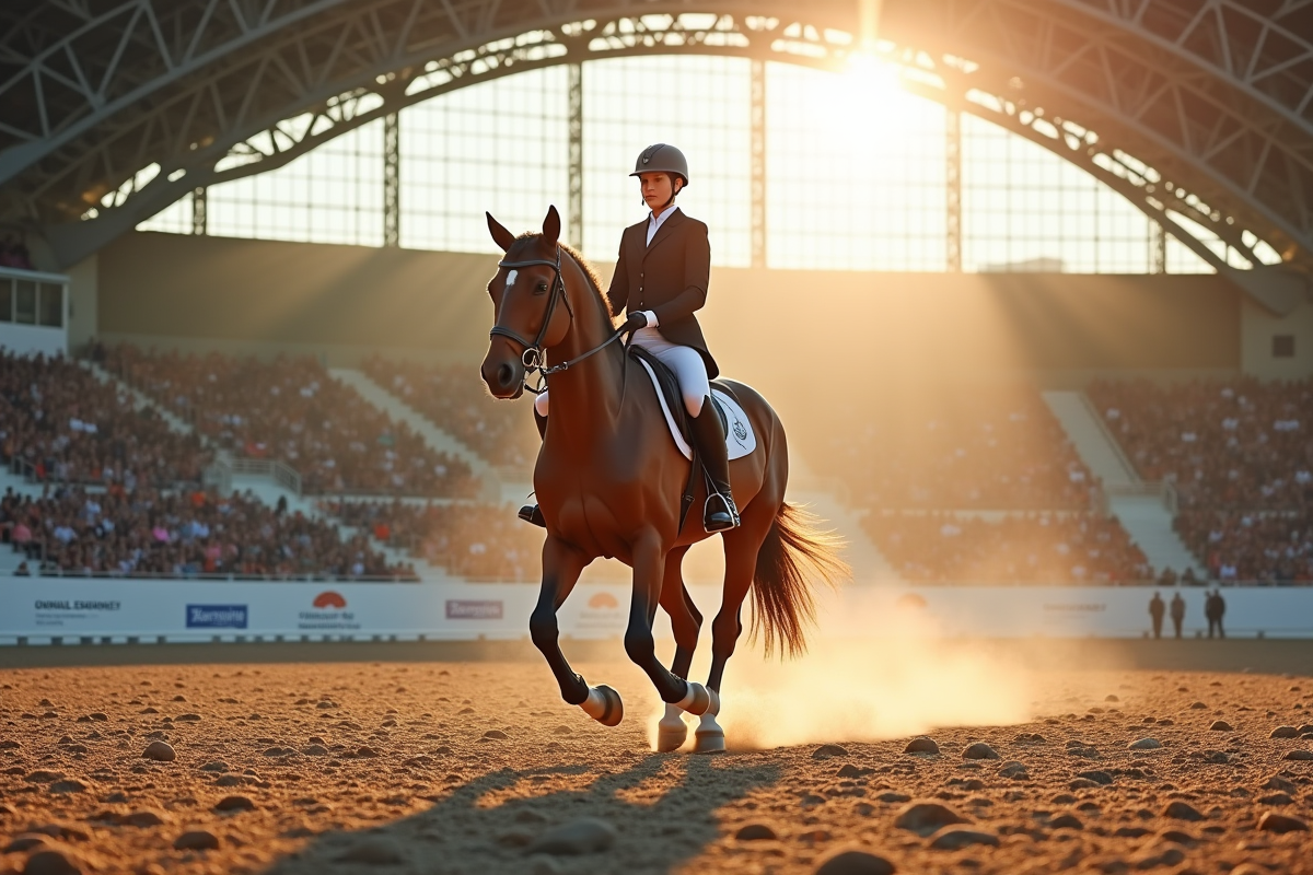 Cavalier et cheval en dressage dans une arène moderne lumineuse