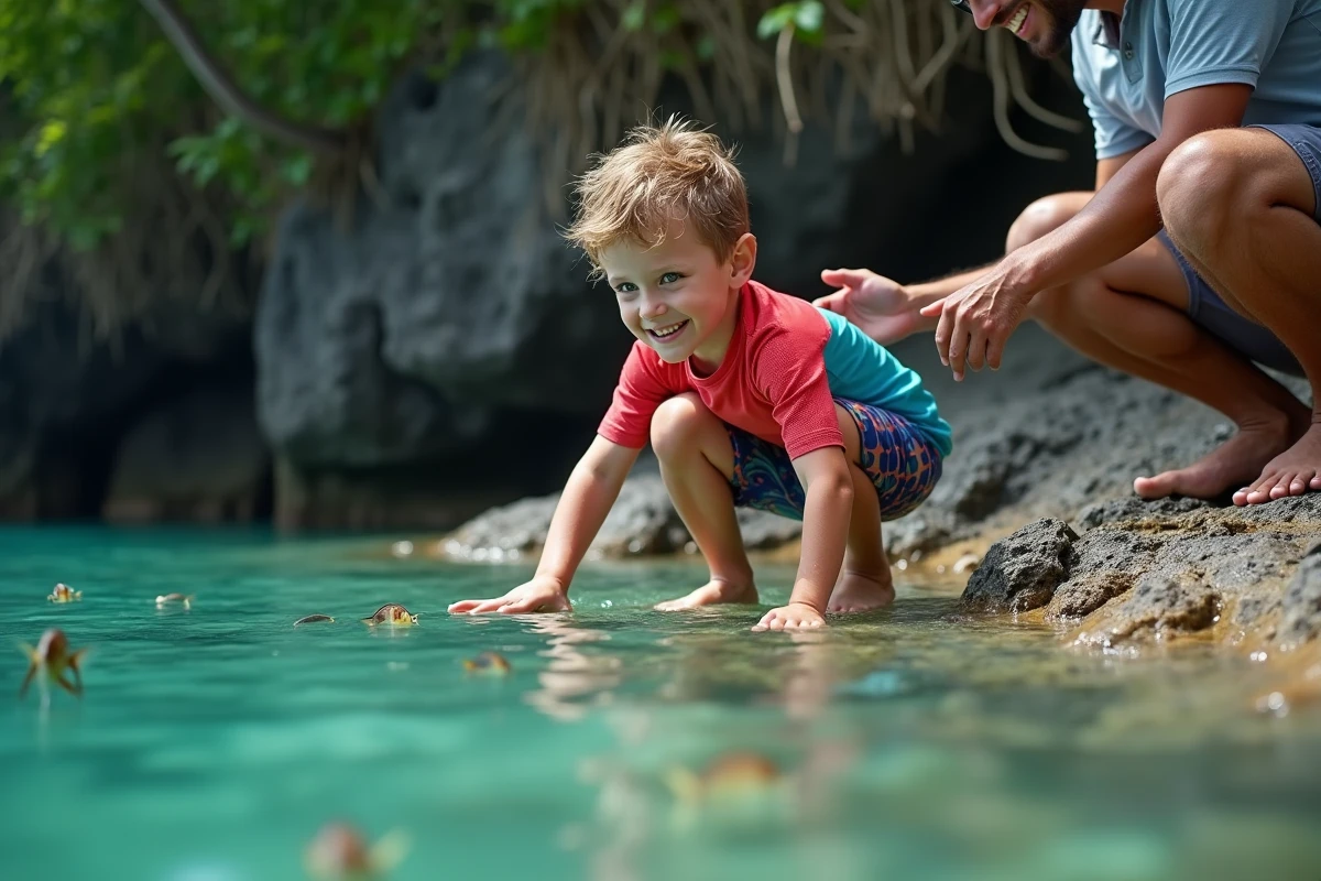 Jeune enfant européen et guide balinais observant des poissons tropicaux dans un bassin rocheux à Lovina Bali lors d'une activité snorkeling sécurisée