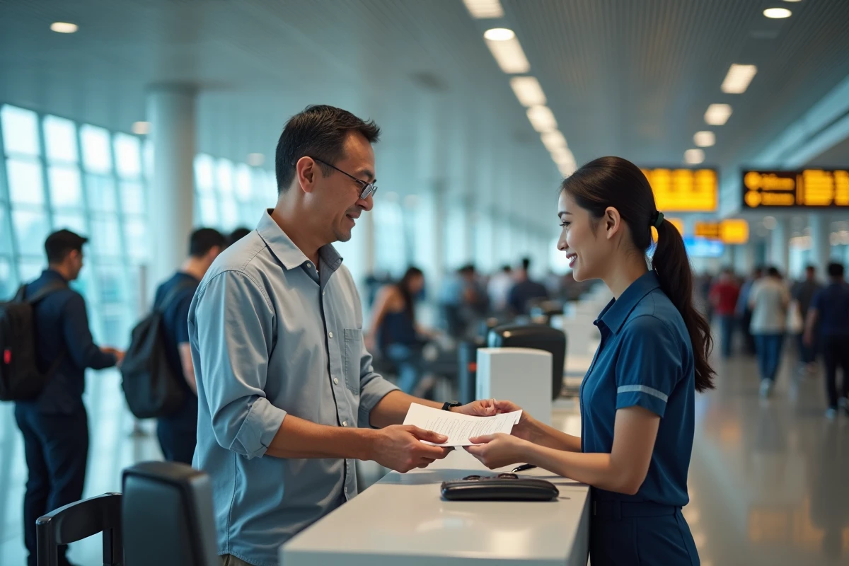 Voyageur remettant ses documents à un agent d'enregistrement dans un aéroport international pour un vol vers la Thaïlande avec billet gratuit