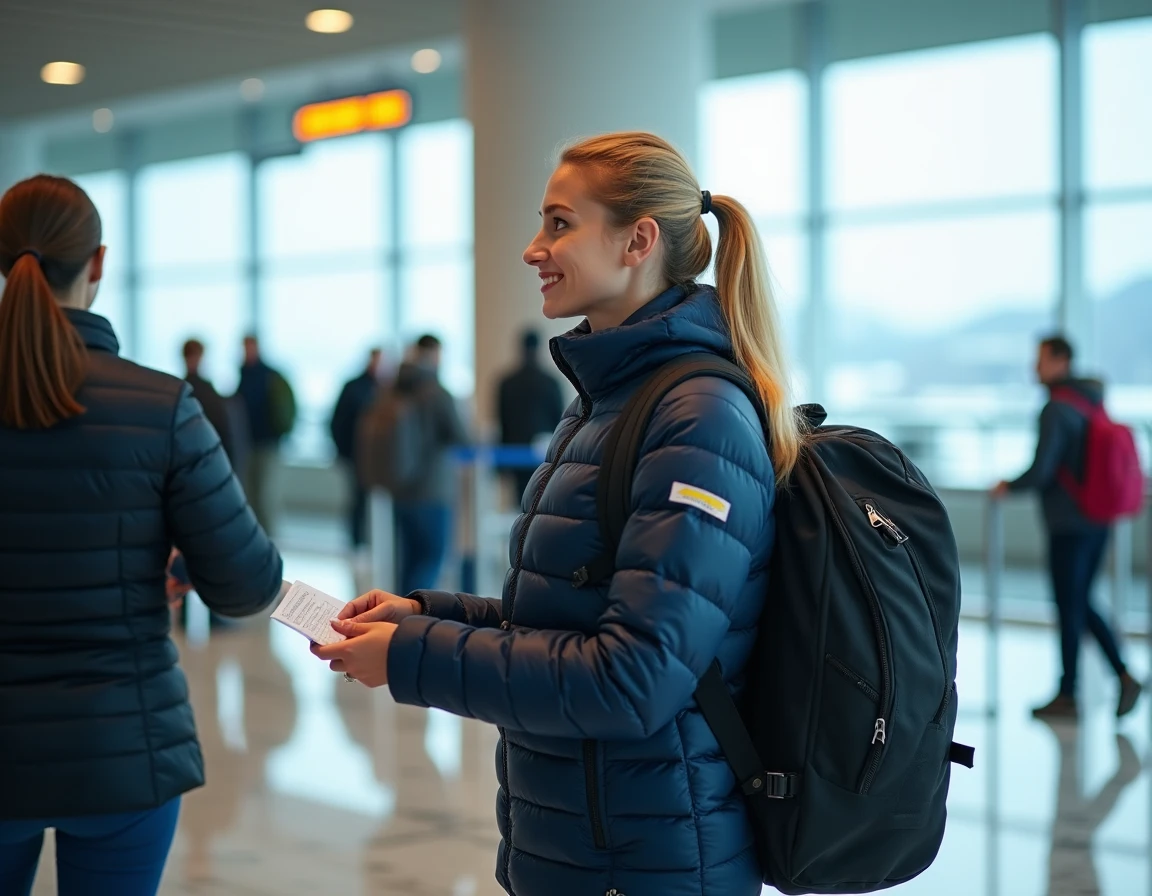 Femme avec un sac de skis à l'enregistrement d'un aéroport avant un vol de sports d'hiver