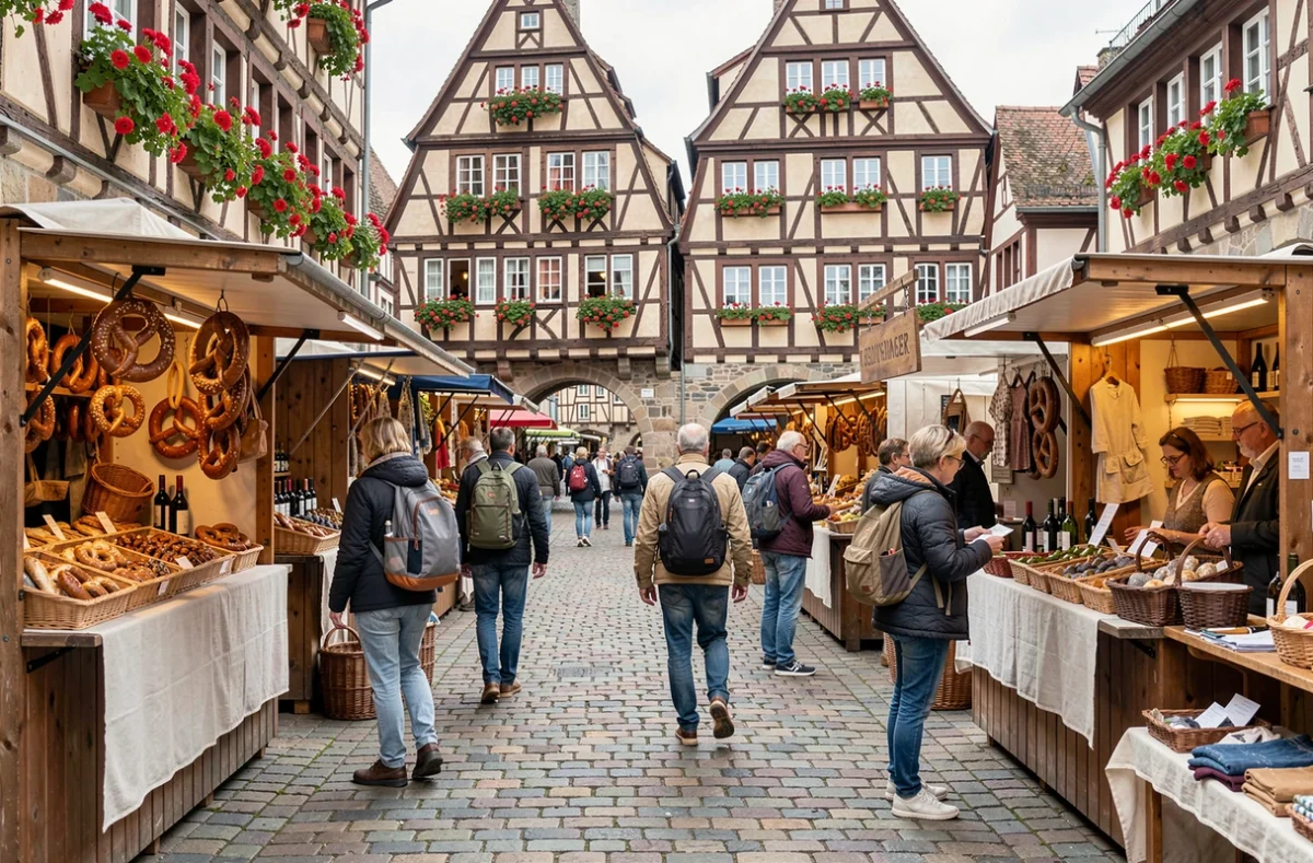 Passagers d'une croisière sur le Rhin explorant le marché de Strasbourg dans la vieille ville alsacienne