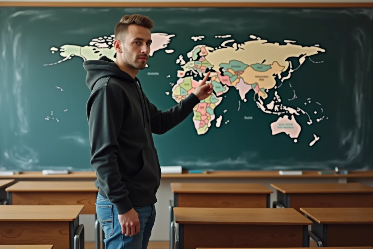 Étudiant universitaire désignant des pays commençant par X sur une carte du monde accrochée au tableau d'une salle de classe