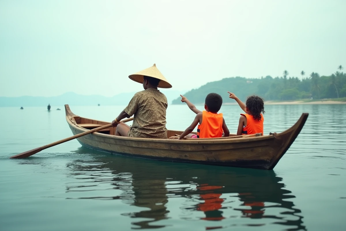 Mère et ses deux jeunes filles en gilets de sauvetage sur un bateau traditionnel balinais pour observer les dauphins à Lovina Beach Bali le matin