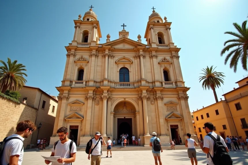 Façade extérieure de la cathédrale de Monreale en Sicile avec des touristes consultant leurs billets en ligne à l'entrée