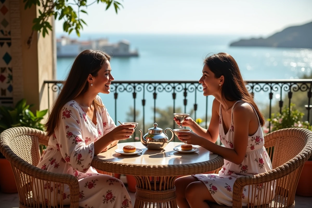 Mère et fille savourant un thé à la menthe sur une terrasse de café marocain avec vue sur la baie de Tanger