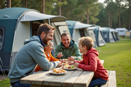 Famille heureuse en camping partageant un repas en plein air
