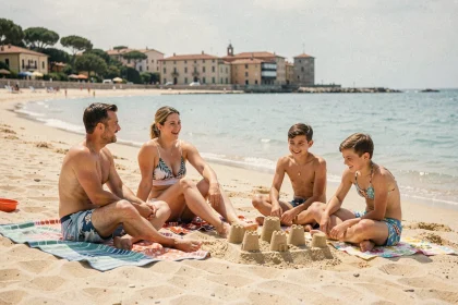 Famille avec deux adolescents se reposant sur une plage calme près de Pise en Italie, sable doré et mer turquoise en arrière-plan