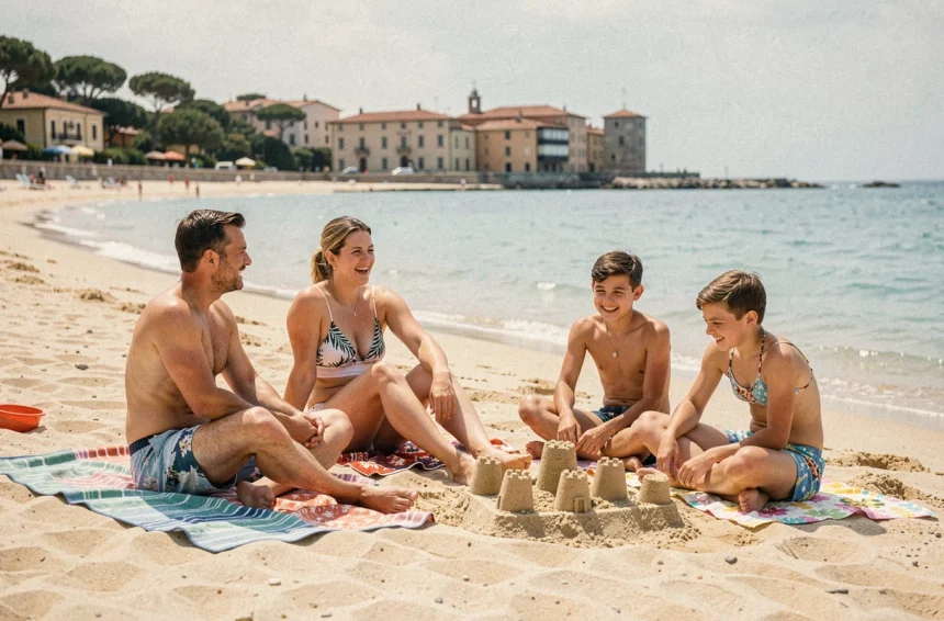 Famille avec deux adolescents se reposant sur une plage calme près de Pise en Italie, sable doré et mer turquoise en arrière-plan