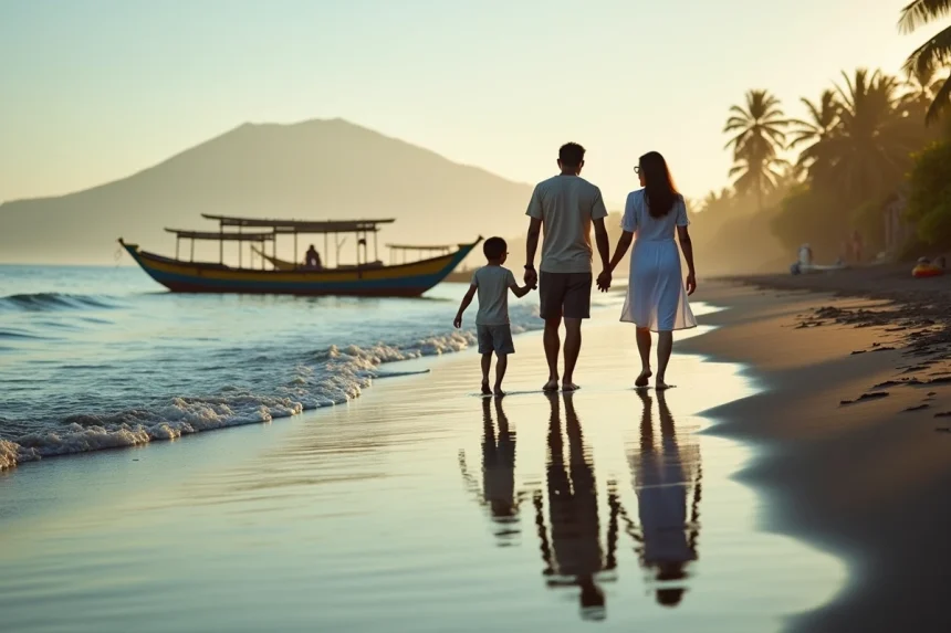 Famille avec enfants marchant pieds nus sur la plage de sable noir de Lovina à Bali avec des bateaux de pêche traditionnels jukung en arrière-plan
