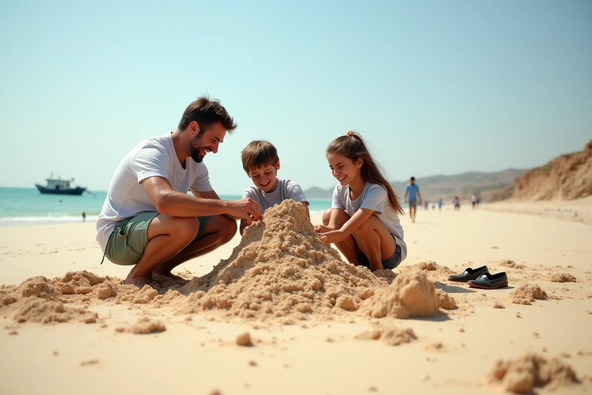 Père et enfants jouant dans le sable sur une plage tranquille près de Tanger lors d'une journée en famille détendue