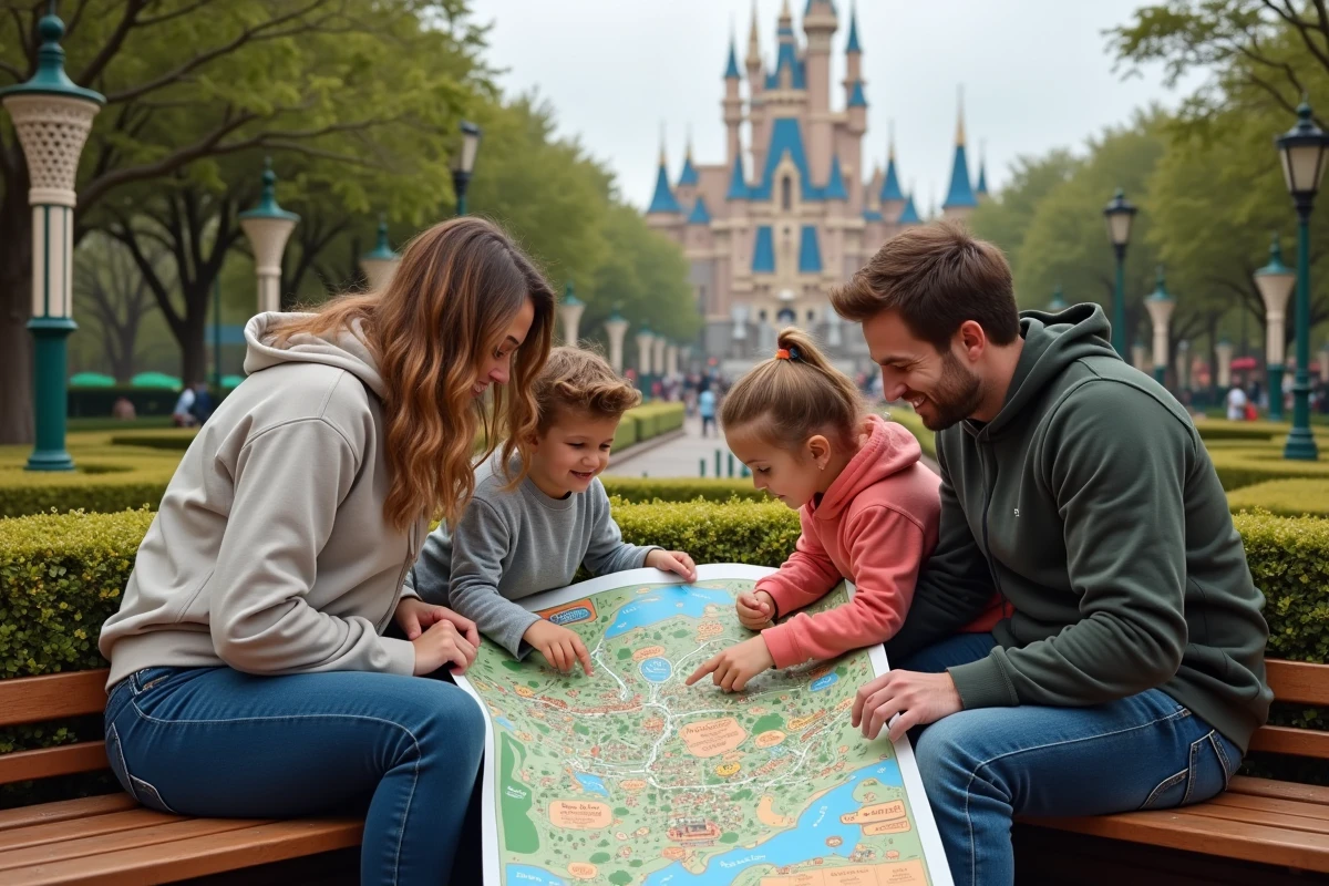 Famille consultant ensemble un plan PDF imprimé d'Eurodisney pour organiser leur journée au parc