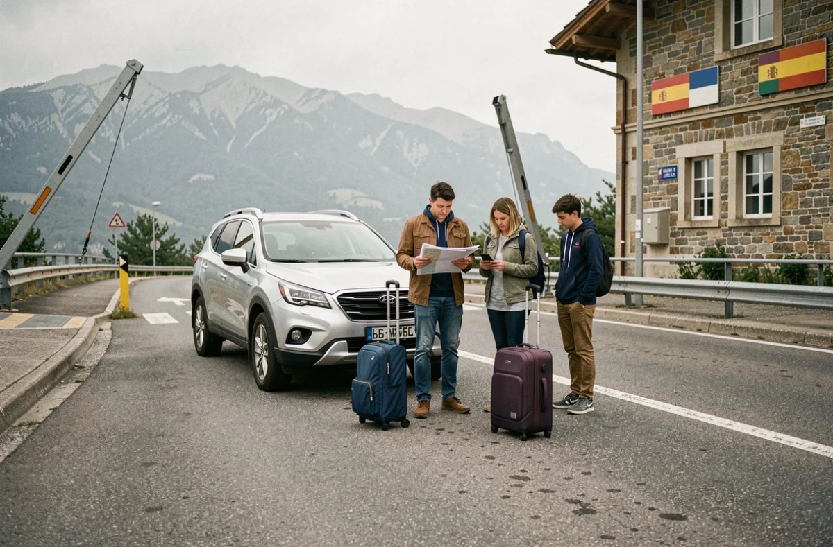 Famille avec voiture et documents au poste frontière d'Espagne Dancharia avant la traversée