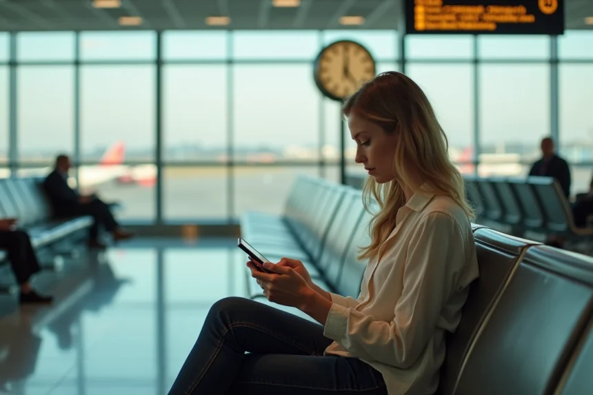 Femme à l'aéroport consultant son téléphone avec une horloge murale en arrière-plan, illustrant le décalage horaire avant un voyage vers La Réunion