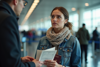 Femme avec passeport à l'aéroport en attente d'embarquement