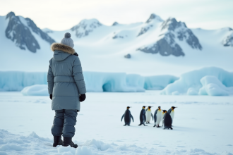 Femme en parka regardant les manchots empereurs dans l'Antarctique