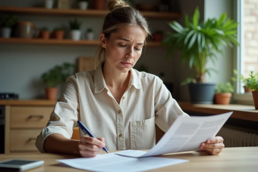 Femme consultant des documents d'assurance voyage Leclerc à la maison avant de souscrire un contrat