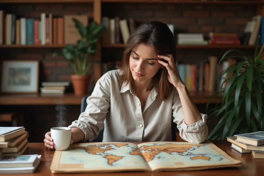 Femme consultant un atlas géographique ouvert sur des pays commençant par la lettre X, assise à un bureau en bois entouré de livres de géographie
