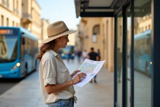 Jeune femme lisant un plan de bus à Valletta