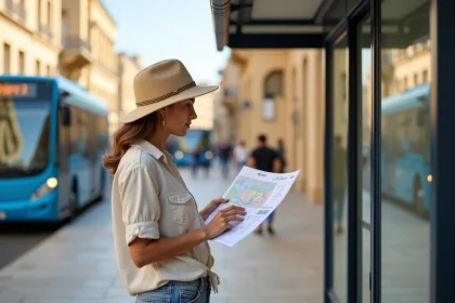 Jeune femme lisant un plan de bus &agrave; Valletta