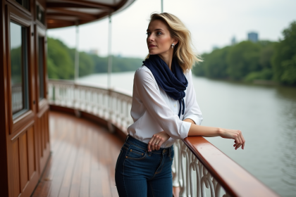 Femme en jeans et blouse blanche sur un bateau de croisière