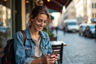 Femme souriante au café vérifiant son smartphone