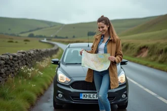 Jeune femme souriante avec carte et voiture en pleine nature