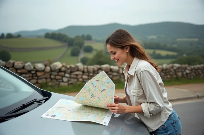 Femme consultant une carte routière MICHELIN sur le capot d'une voiture lors d'un long trajet en Europe