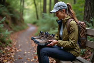 Femme comparant chaussures de marche en forêt