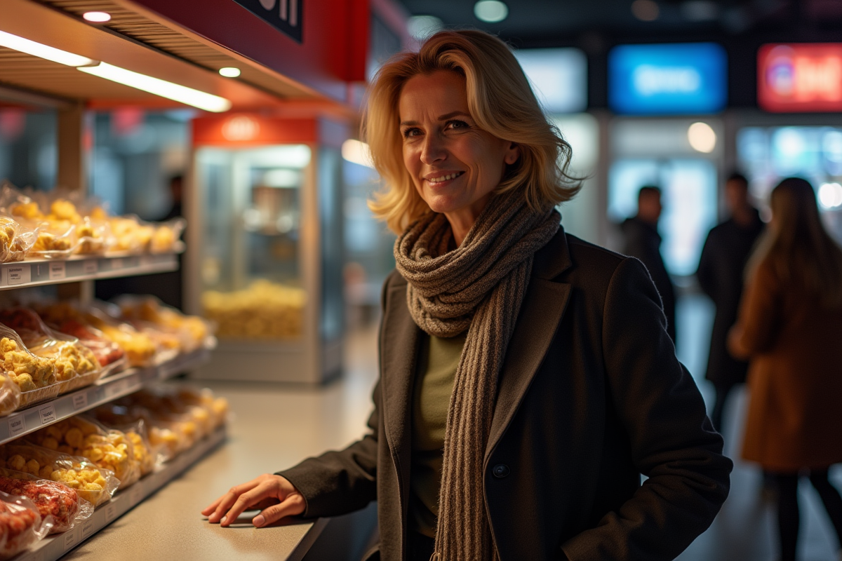 Femme choisissant des snacks au comptoir d un cinéma animé