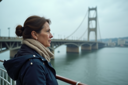 Femme en windbreaker regardant le pont en approche