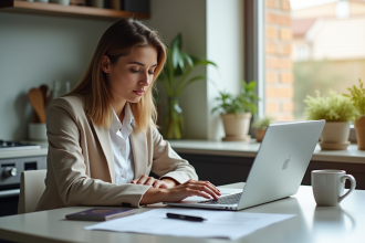 Jeune femme remplissant une demande de visa en cuisine