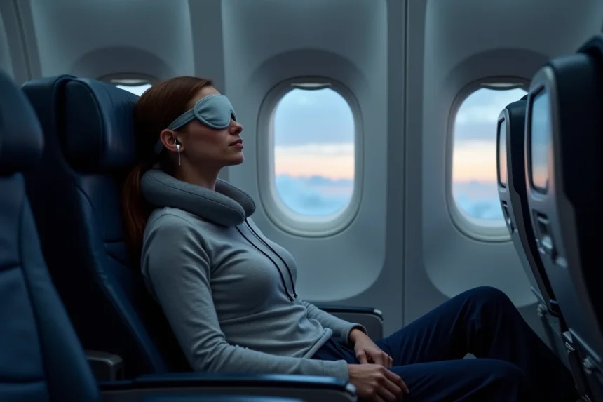 Femme en tenue confortable dormant dans un siège d'avion lors d'un long vol Paris-Thaïlande