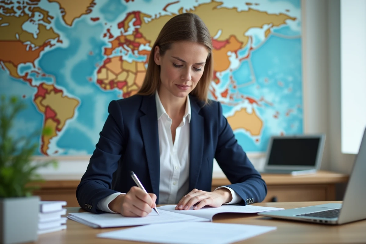 Femme en blazer bleu remplissant des documents de douane