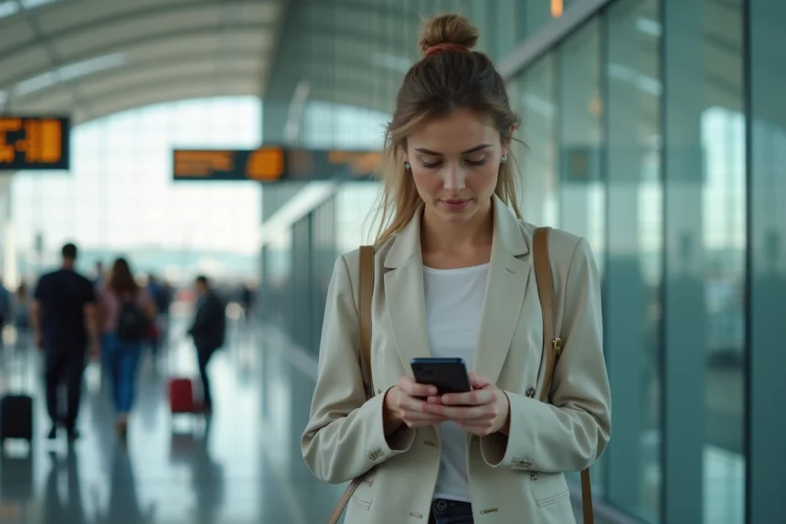 Femme consultant son smartphone à l'entrée d'un aéroport international pour activer une eSIM de voyage en 2026