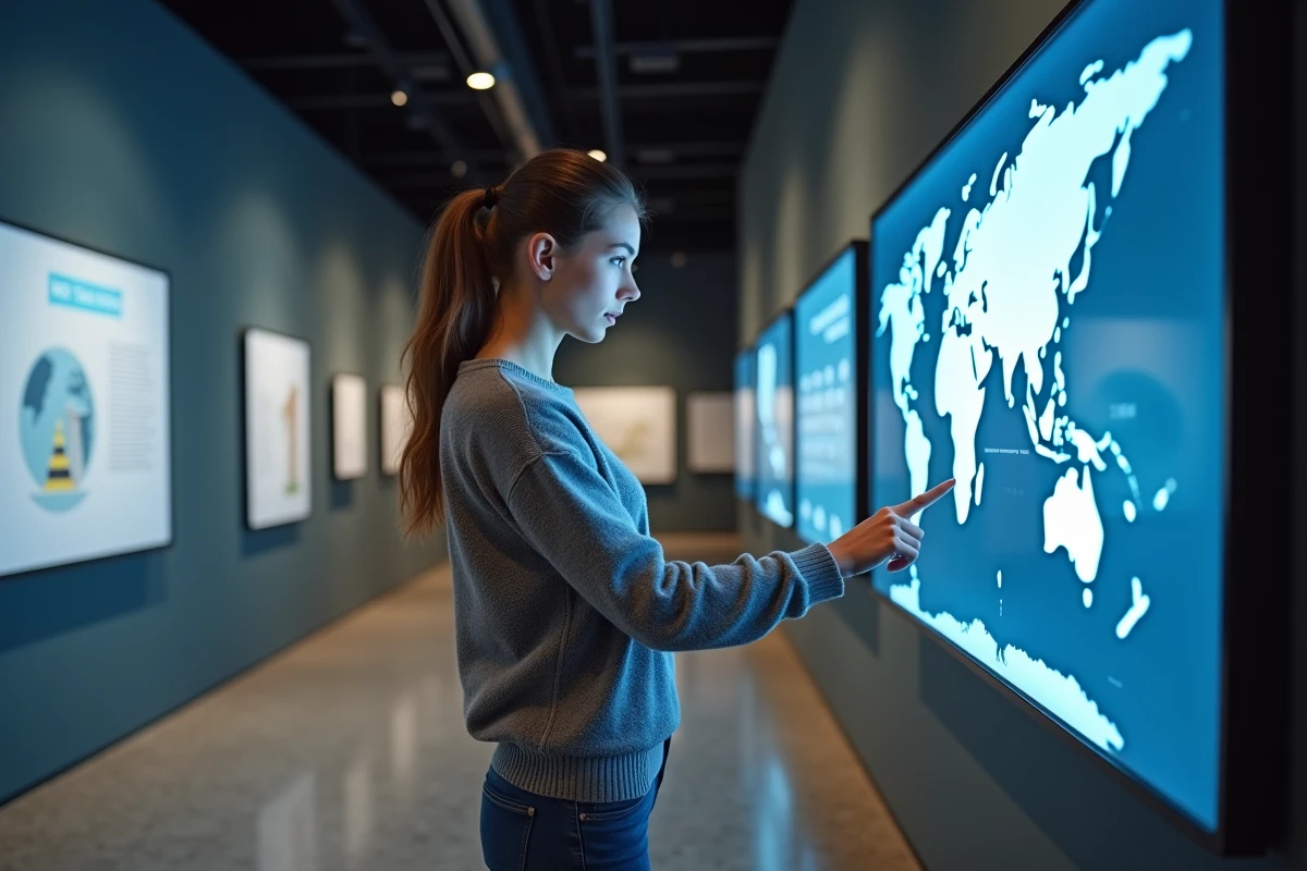 Jeune femme examine une carte digitale dans un mus&eacute;e moderne
