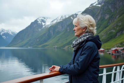 Femme regardant le fjord norvegien en croisière