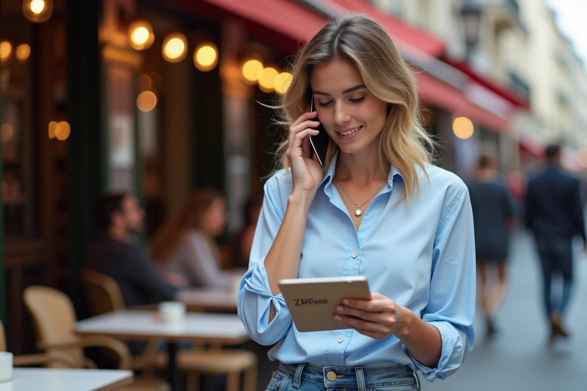 Jeune femme fran&ccedil;aise au caf&eacute; &agrave; Paris avec t&eacute;l&eacute;phone et carnet