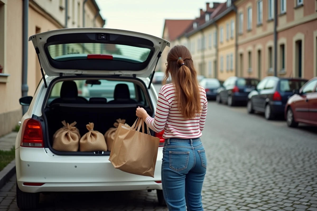 Jeune femme déchargeant des courses près d